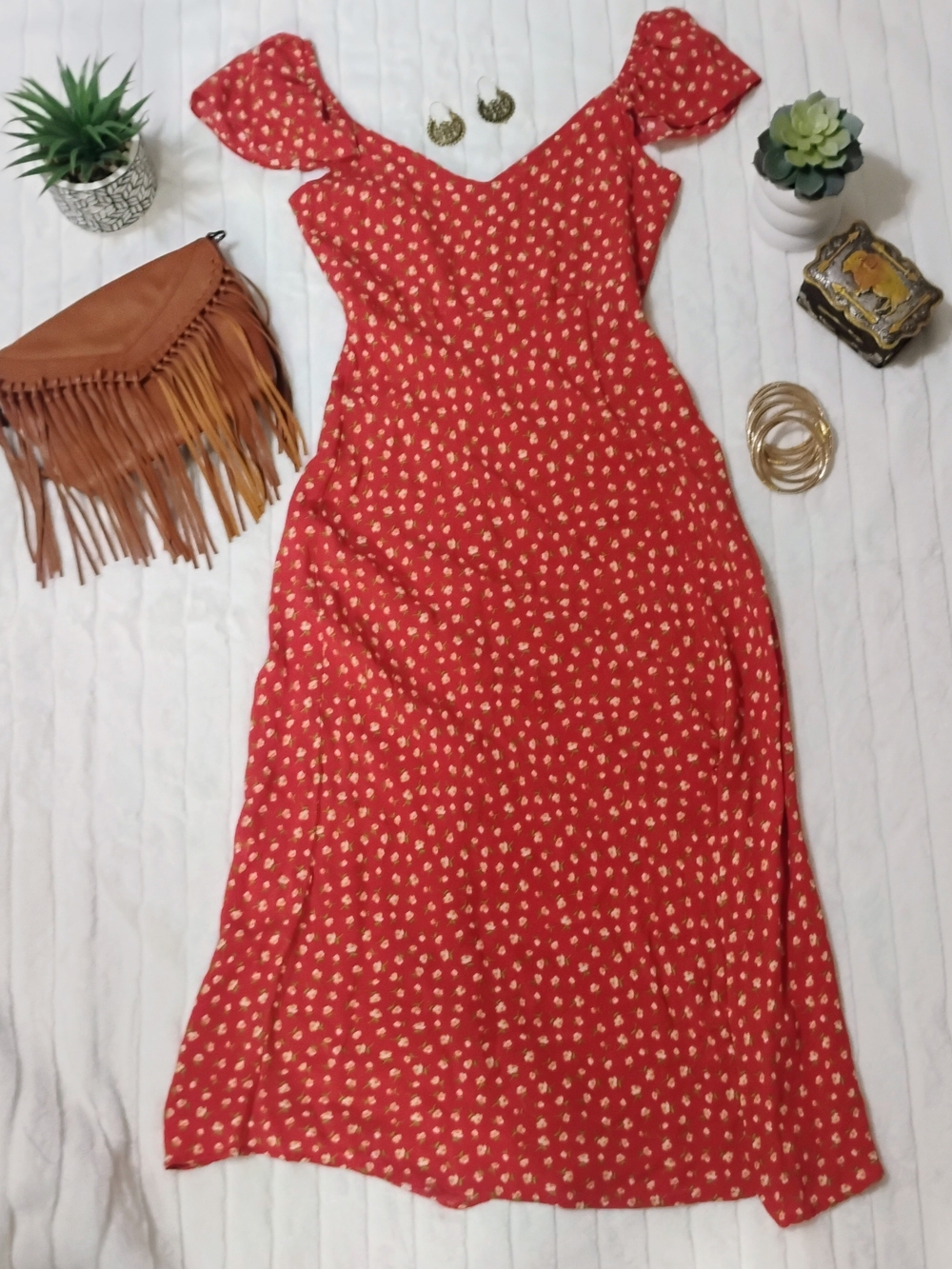 Small- Blu Pepper Red Maxi Dress with Cream Floral Print